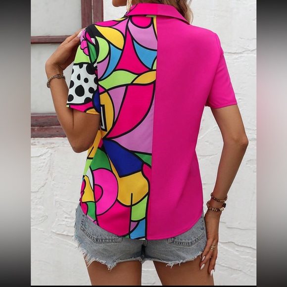 Boho Pop Art Color Block 2 Tone Short Sleeve Button Down Shirt Top Blouse Pink - Picture 2 of 8